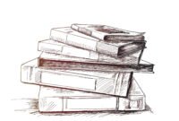 Stack of books & file folder isolated on white, Hand Drawn Sketch Vector illustration.