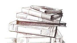 Stack of books & file folder isolated on white, Hand Drawn Sketch Vector illustration.