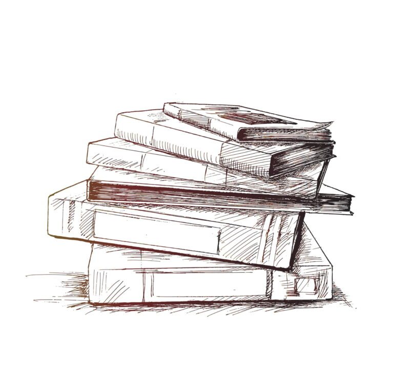Stack of books & file folder isolated on white, Hand Drawn Sketch Vector illustration.
