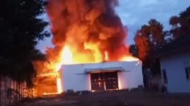 Kobaran api saat melalap gudang chiki di Desa Adirejo, Kecamatan Pekalongan, Lampung Timur, Sabtu 20 April 2024.
Sumber: Agus Sahroni