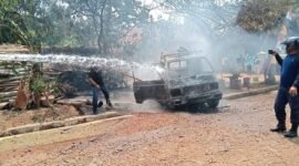 Petugas pemadam saat berjibaku memadamkan kobaran api. Sumber: Hadi Jakariya