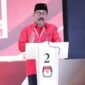 Calon Bupati Lampung Timur No Urut 02 Ketut Erawan, saat menyampaikan gagasan di debat kandidat putaran 2, Minggu 27 Oktober 2024.