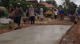 Suasana saat warga Bandar Agung, gotong royong bangun jalan dari hasil swadaya. Minggu (14/12/2025)./Man/An