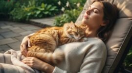 Ilustrasi kucing tidur diatas dada./Kreasi AI