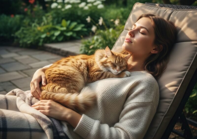 Ilustrasi kucing tidur diatas dada./Kreasi AI