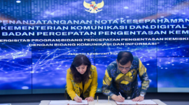Penandatanganan Nota Kesepahaman antara Kemkomdigi dan BP Taskin bertajuk “Sinergitas Program Bidang Percepatan Pengentasan Kemiskinan dengan Bidang Komunikasi dan Informasi” di Kantor Kemkomdigi, Jakarta Pusat, Rabu (04/02/2026)./Ist