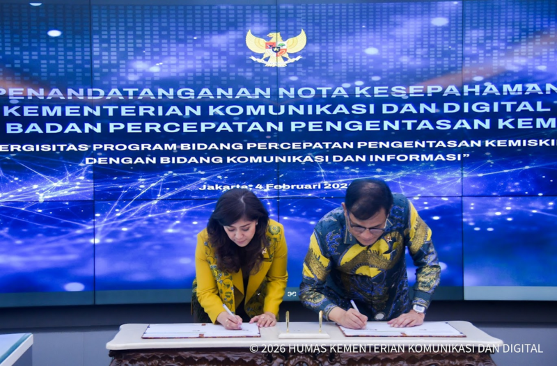 Penandatanganan Nota Kesepahaman antara Kemkomdigi dan BP Taskin bertajuk “Sinergitas Program Bidang Percepatan Pengentasan Kemiskinan dengan Bidang Komunikasi dan Informasi” di Kantor Kemkomdigi, Jakarta Pusat, Rabu (04/02/2026)./Ist