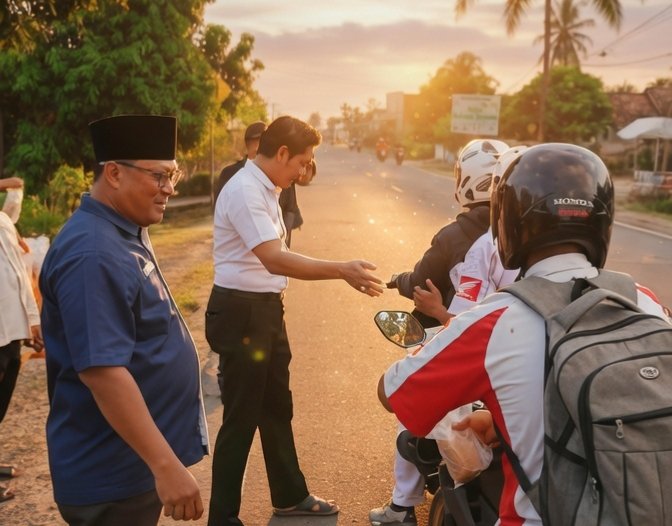 Ketua HMNI Lampung Timur Agustinus Trihandoko, dan Ketua IWO Lampung Timur, saat membagikan takjil kepada para pengendara yang melintas./Hadi Jakariya