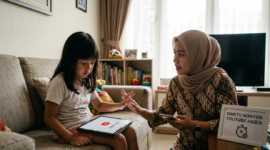 Ilustrasi anak dan YouTube./ Kreasi AI