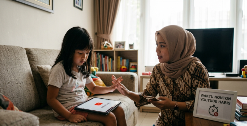 Ilustrasi anak dan YouTube./ Kreasi AI