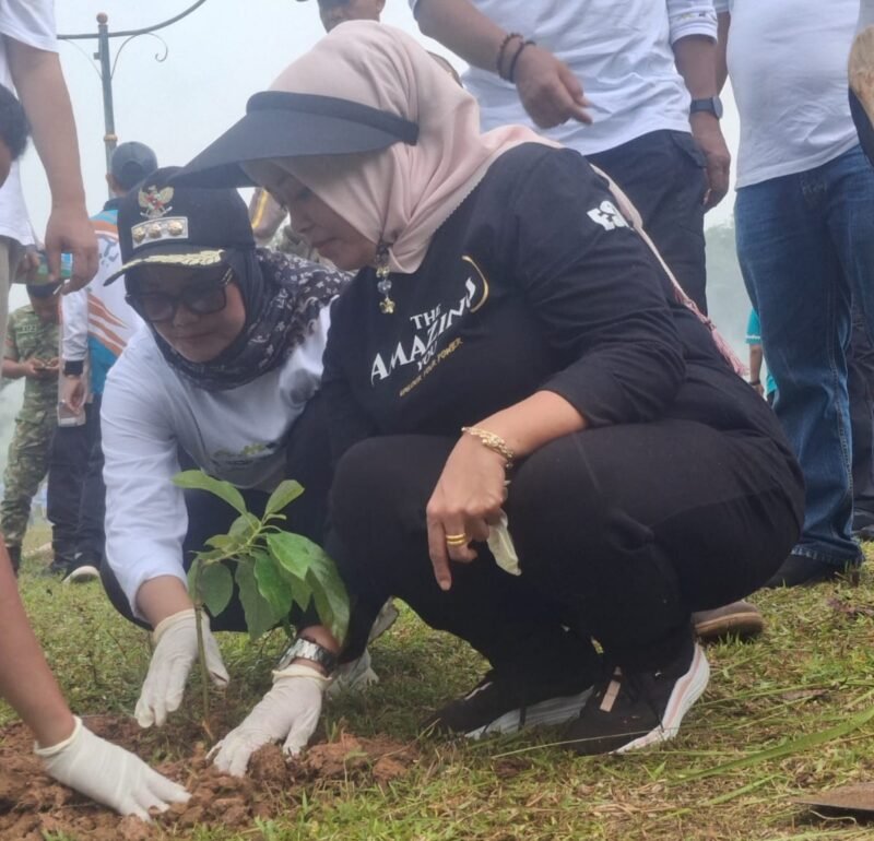 Bupati Lampung Timur Ela Siti Nuryamah dan Ketua DPRD Rida Totul Aliah tanam pohon di rea area Labuhanratu./ Agus Susanto