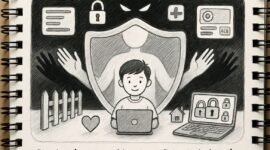 Ilustrasi sketsa perlindungan konten digital anak./Kreasi AI