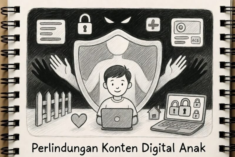 Ilustrasi sketsa perlindungan konten digital anak./Kreasi AI