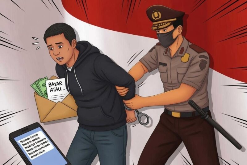 Ilustrasi penangkapan pelaku pemerasan./Kreasi AI