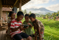 Ilustrasi anak sedang bermain internet./Kreasi AI