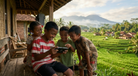 Ilustrasi anak sedang bermain internet./Kreasi AI
