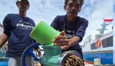 Petambak menunjukkan proses pengolahan bahan organik dalam program PALUGADA yang dikembangkan PHE OSES di Pulau Panggang, Kepulauan Seribu. Program tersebut memanfaatkan sampah organik untuk mendukung budidaya ikan berkelanjutan. (SKK Migas)