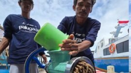 Petambak menunjukkan proses pengolahan bahan organik dalam program PALUGADA yang dikembangkan PHE OSES di Pulau Panggang, Kepulauan Seribu. Program tersebut memanfaatkan sampah organik untuk mendukung budidaya ikan berkelanjutan. (SKK Migas)