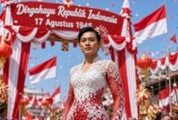 Ilustrasi pria pakai busana wanita saat karnaval perayaan kemerdekaan negara Republik Indonesia. (Foto: kreasi AI)