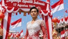 Ilustrasi pria pakai busana wanita saat karnaval perayaan kemerdekaan negara Republik Indonesia. (Foto: kreasi AI)