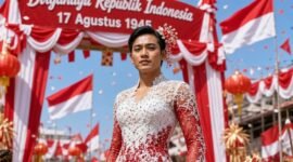 Ilustrasi pria pakai busana wanita saat karnaval perayaan kemerdekaan negara Republik Indonesia. (Foto: kreasi AI)