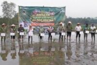 Sejumlah peserta mengikuti Gerakan Tanam Serempak dengan menanam padi secara bersama di areal persawahan Kecamatan Jabung, Kabupaten Lampung Timur, Kamis (21/8/2026). (Foto: Agus S)