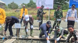 Sejumlah pejabat dan pemangku kepentingan melakukan penanaman bibit mangrove dalam kegiatan rehabilitasi kawasan pesisir di Desa Muara Gading Mas, Kecamatan Labuhan Maringgai, Lampung Timur, September 2026. Program kolaborasi PHE OSES dan pemerintah daerah ini bertujuan menjaga ekosistem pesisir serta memperkuat perlindungan alami dari abrasi dan banjir rob. (Foto:Ist)